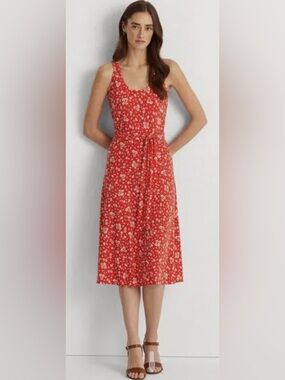 LAUREN RALPH LAUREN Red White Floral Tie-Waist Midi Fit and Flare Dress Size 16